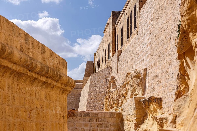 Walls of Fort St. Angelo, former fortress of the Knights of St. John, in Birgu, Malta, in 2017, Europe