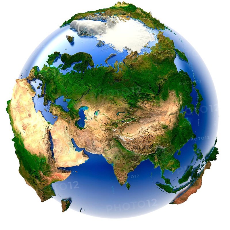 3D model of the globe with an exaggerated vertical relief