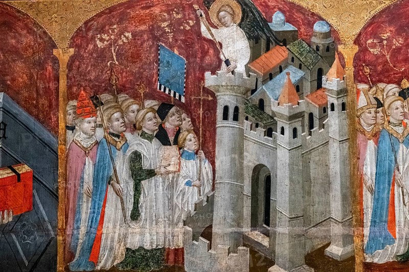 Rogation procession presided over by the pope before Hadrian's mausoleum, altarpiece of the saints archangels, Gabriel Moger, 1407, tempera on wood, Puig de Pollensa monastery of the virgin Mary, Majorca, Spain, Europe