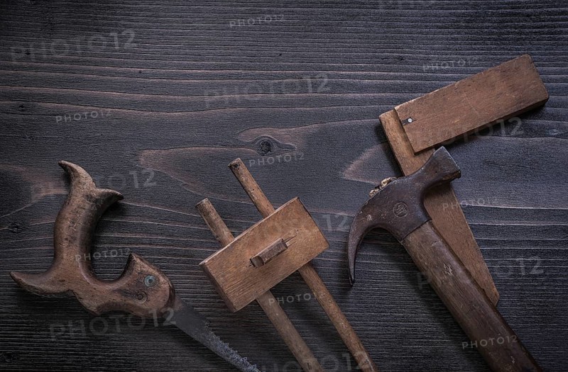 Rusted hand saw wooden marking gauge claw hammer square ruler
