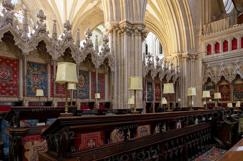 Interior view, choir stalls, Wells Cathedral, Wells, England, Great Britain