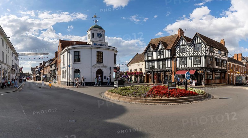 Stratford-Upon-Avon, United Kingdom, 31 August, 2022: view of the Bridge Street Rotonda with historic half-timbered houses, Europe