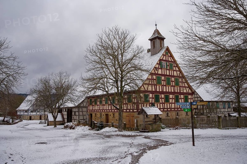 Snow-covered houses in the Hohenlohe Open-Air Museum, Wackershofen, half-timbered house, farmhouse, museum, Schwäbisch Hall, Hohenlohe, Germany, Europe