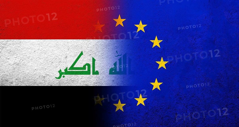 Flag of the European Union with Iraq National flag. Grunge background