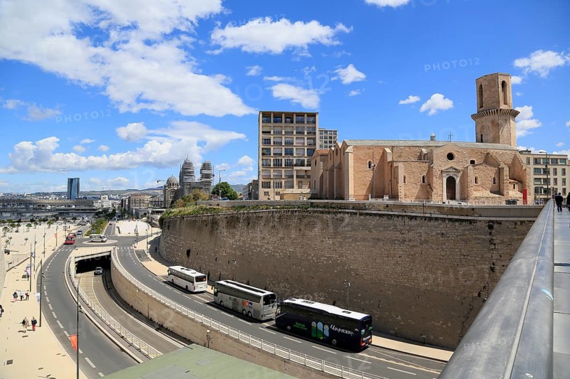 Saint Laurent church above the harbour entrance to the Vieux Port, behind La Major cathedral, Marseille, Bouches du Rhone department, Provence Alpes Cote d'Azur region, France, Mediterranean Sea, Europe