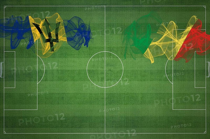 Barbados vs Congo Soccer Match, national colors, national flags, soccer field, football game, Competition concept, Copy space