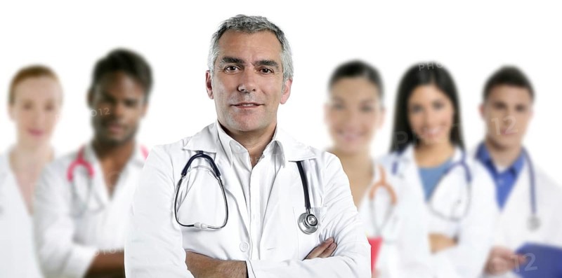 Expertise gray hair doctor multiracial nurse team row over white