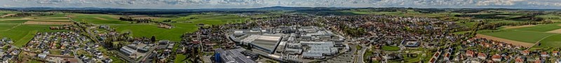 Expansive panorama of a town in a green landscape with fields and forests under a cloudy sky, Mitterteich, Upper Palatinate, Bavaria, Germany, Europe