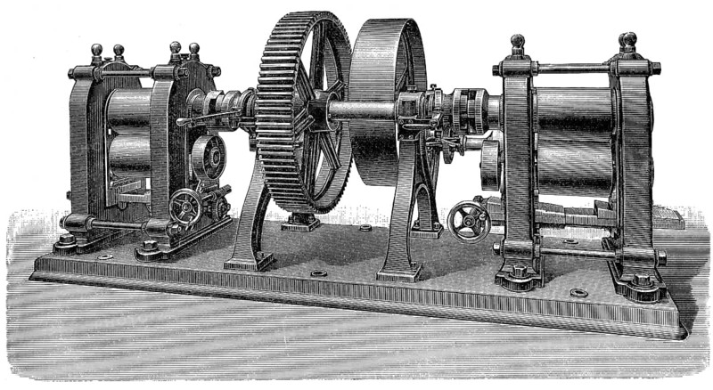 Historical illustration, machine for coin production, prerefiner, pre-roller, 1896, historische Zeichnung, Maschine zur Münzherstellung, Vorwalzwerk, 1896