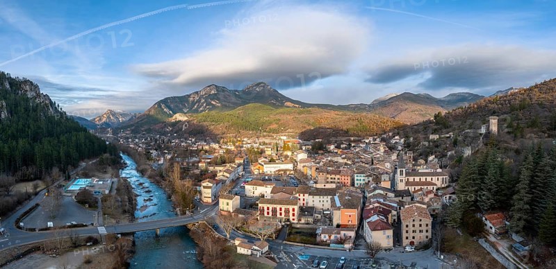An aerial landscape view of the French village of Castellane in the Upper Verdon Gorge