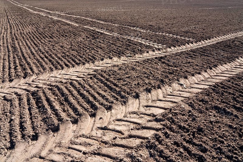 Tractor tracks, agricultural trails at a cultivated field in springtime, farmland near Wesertal, Weser Uplands, Weserbergland, Hesse, Germany, Europe