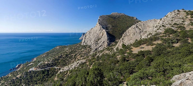 Mountains on the Black Sea coast of Crimea. The coast between Sudak and Novyy Svet. Sunny day at the end of September