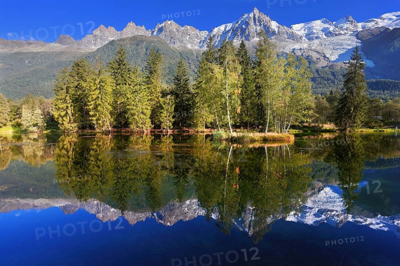 Dreamlike beauty lake and park. In smooth water reflected snow-capped mountains surrounding the mountain resort of Chamonix