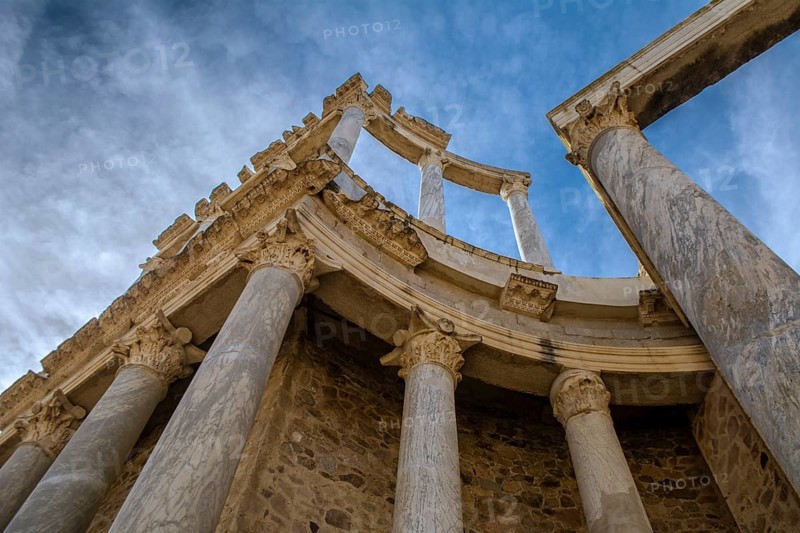 Detail view of the Roman Theatre columns in Merida, Spain, Europe