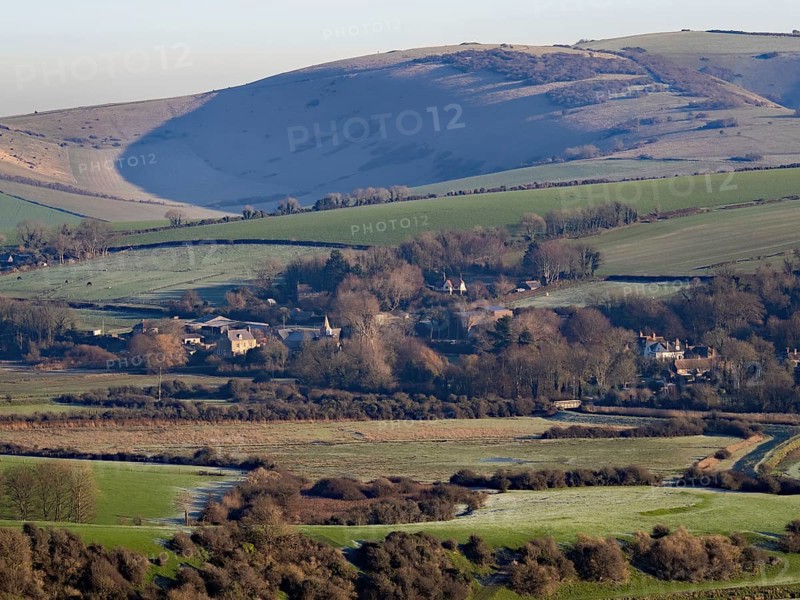 Village of Litlington in East Sussex, from High and Over across to Windover Hill