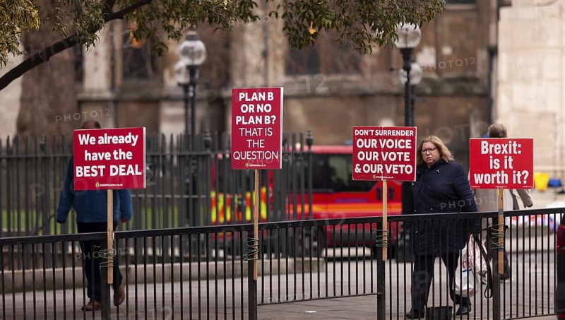 Protesters holding signs and banners in the street, focusing on Brexit issues in the Greater London borough of Westminster, London, United Kingdom, Europe