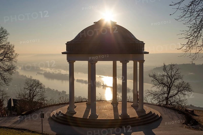 Beautiful temple in a landscape shot. Sunrise on a winter morning. Beautiful view along the Rhine at the Niederwaldtempel, Niederwalddenkmal, Hesse, Germany, Europe