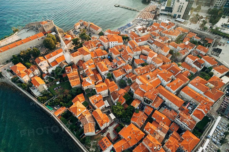 The roofs of the old town of Budva - an aerial photo from a drone.