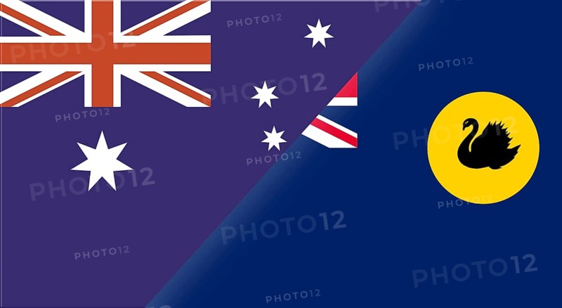Flag of Australia and the Australian state of Western Australia. Two flags together. Illustration of the Australian flags. Double flag. National symbol of Australia and Western Australia. Official symbol of Australia