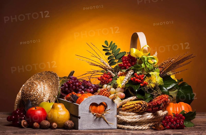Happy Thanksgiving still life. Fruits, nuts and vegetables, fall crop on the table