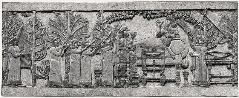 Ashurbanipal, Neo-Assyrian king, and his queen Libbali-sharrat dining, relief, c. 653 BCE
