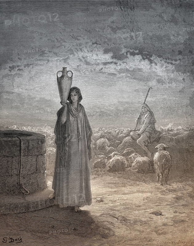 Jacob keeping Laban's flock and meets Rachel, woodcut by Gustave Doré