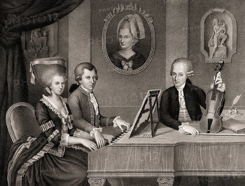 Wolfgang Amadeus Mozart with his sister Maria Anna Nannerl and father Leopold, on the wall a portrait of his dead mother Anna Maria, c. 1780, digitally edited after a painting by Croce