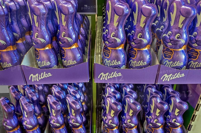 Shelf with Milka chocolate bunnies, supermarket, Bavaria, Germany, Europe