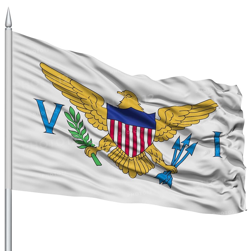 Isolated United States Virgin Islands Flag on Flagpole, USA state, Flying in the Wind, Isolated on White Background