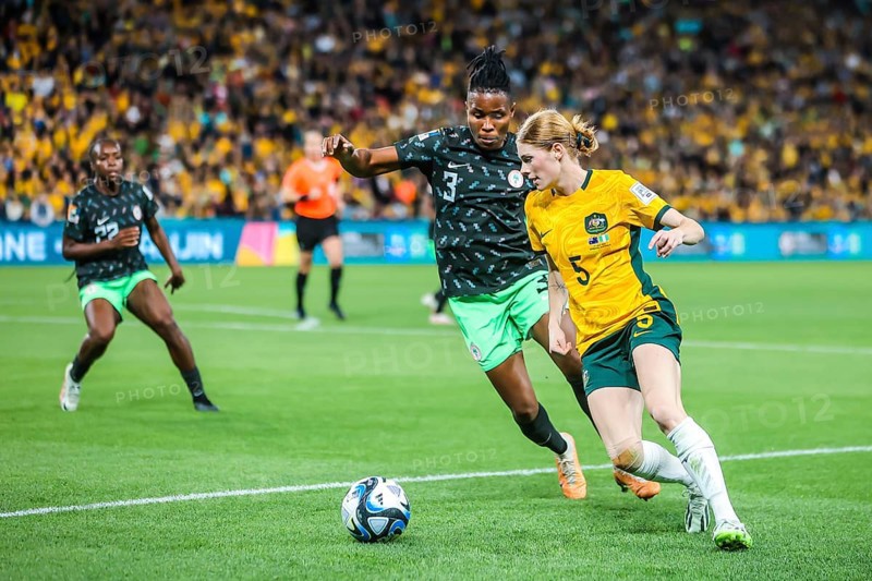BRISBANE, AUSTRALIA, JULY 27: Cortnee Vine of Australia and Osinachi OHALE of Nigeria compete as Australia plays Nigeria at the FIFA Women's World Cup Australia & New Zealand 2023 at Brisbane Stadium on July 27, 2023