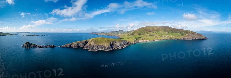 Aerial panorama view of Slea Head and the Dingle Peninsula in County Kerry of western Ireland
