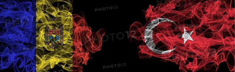 Flags of Moldova and Turkey on Black background, Moldova vs Turkey Smoke Flags