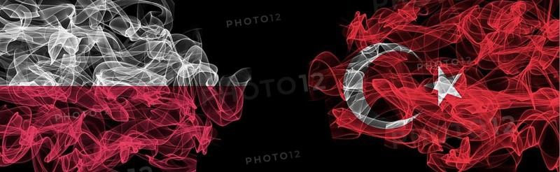 Flags of Poland and Turkey on Black background, Poland vs Turkey Smoke Flags