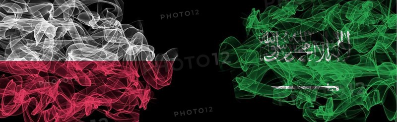 Flags of Poland and Saudi Arabia on Black background, Poland vs Saudi Arabia Smoke Flags