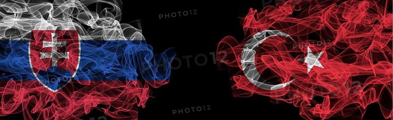 Flags of Slovakia and Turkey on Black background, Slovakia vs Turkey Smoke Flags