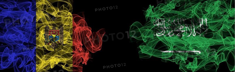 Flags of Moldova and Saudi Arabia on Black background, Moldova vs Saudi Arabia Smoke Flags