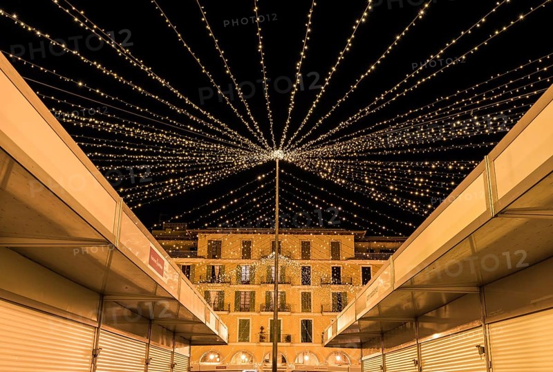Palma de Mallorca, Spain, 12 29 2017: Christmas market at the major market square at night, Europe