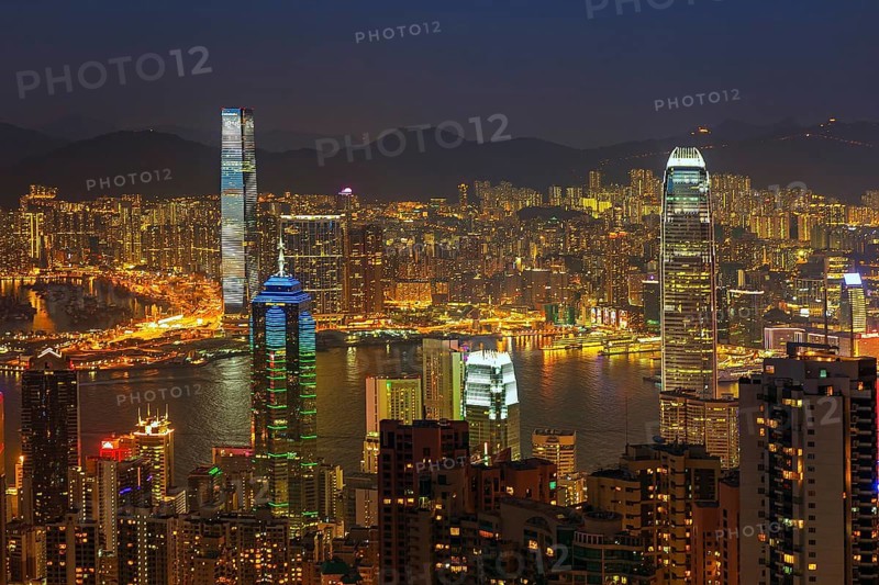 Hong Kong at night. View of Victoria Harbour and Hong Kong Central. Taken from Victoria Peak