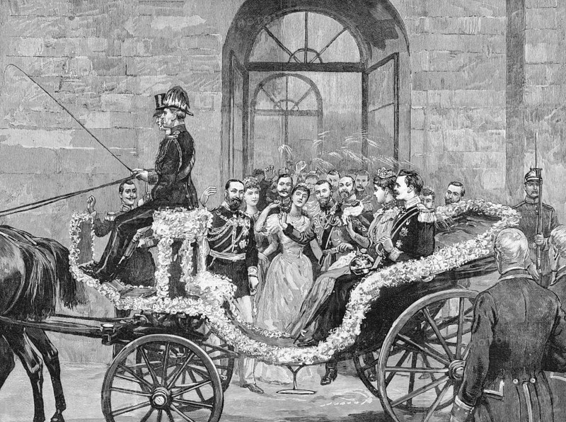 The departure of the bride and bridegroom to the castle of Kranichstein. Engraving published by the Graphic in 1894
