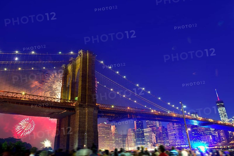 July 4th 2014 fireworks at Brooklyn bridge Manhattan skyline New York USA