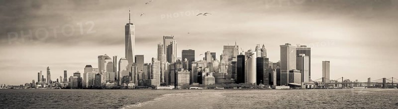 Sepia Toned Panorama Of The Manhattan, NYC Skyline As Taken From Staten Island