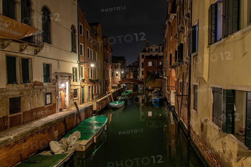 Midnight at a Canal in Cannaregio, nobody on the Street, Venice, Italy, Europe