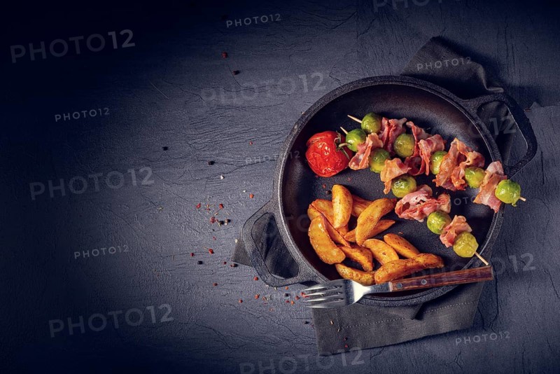 Brussels sprouts and bacon skewers with potato widgets