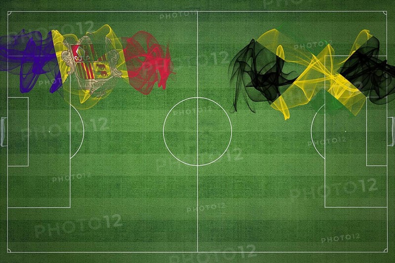 Andorra vs Jamaica Soccer Match, national colors, national flags, soccer field, football game, Competition concept, Copy space