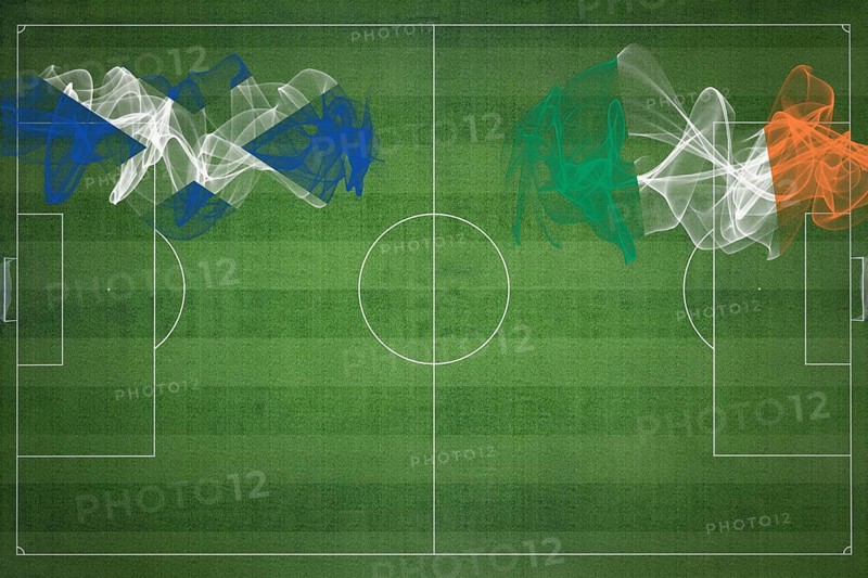 Scotland vs Ireland Soccer Match, national colors, national flags, soccer field, football game, Competition concept, Copy space