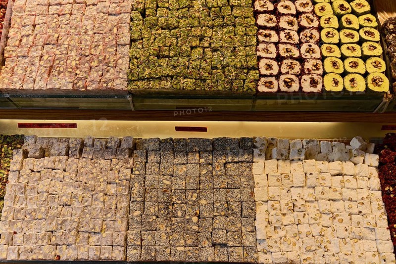 Sale, Sweets, Istiklal Caddesi shopping street, Beyoglu, Istanbul, European part, Istanbul province, Turkey, Asia, Varied selection of Turkish sweets with pistachios and nuts in rectangular trays, Istanbul Modern, Asia