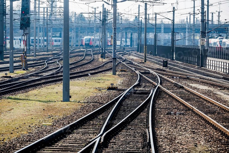 Austria, Upper Austria, Linz, Wels . Railway tracks seen from a moving train between Linz and Wels Austria, Europe