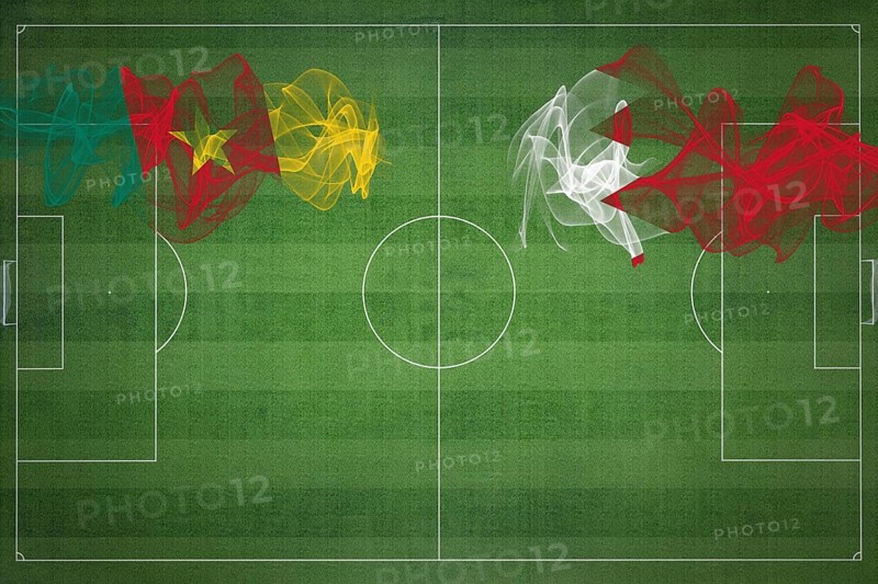 Cameroon vs Bahrain Soccer Match, national colors, national flags, soccer field, football game, Competition concept, Copy space