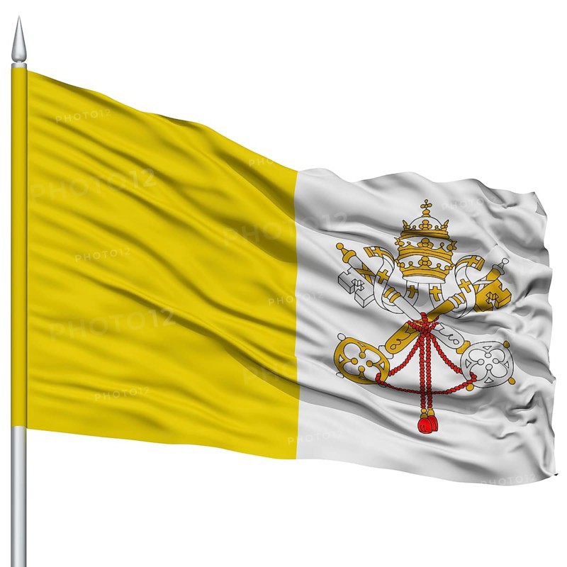 Vatican City Flag on Flagpole, Capital City of Vatican, Flying in the Wind, Isolated on White Background