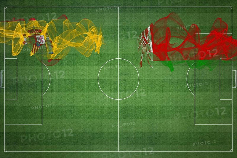 Spain vs Belarus Soccer Match, national colors, national flags, soccer field, football game, Competition concept, Copy space